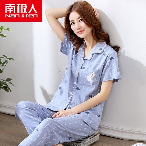 100% pijamas pantalones de algodón de manga corta de verano para mujer cardigan más el tamaño de algodón suelto ropa de casa de dos piezas