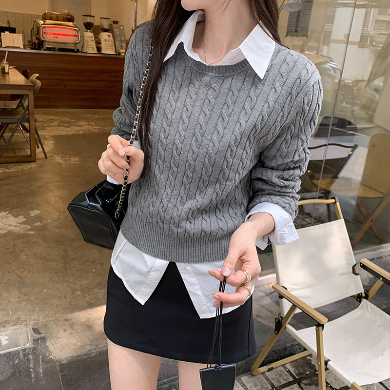Twist Pullover Round Neck Gray Knitwear with Pure Cotton Knitwear for Women 2025 Autumn and Winter Slim Bottoming Short Top