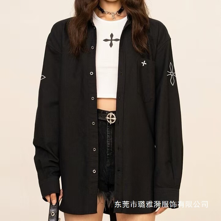 Smfk Cross-Pattern Classic Shirt, Same Style as Yu Wenwen, Embroidered Solid Color Spring Style, Loose Minimalist Top, Cardigan Shirt for Women Smfk Cross-Pattern Classic Shirt, Same Style as Yu Wenwen, Embroidered Solid Color Spring Style, Loose Minimalist Top, Cardigan Shirt for Women