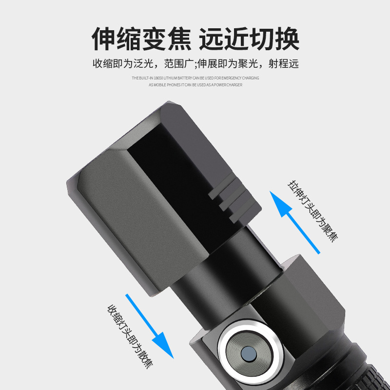 Cross-border P50 linterna de luz multifuncional mini zoom iluminación al aire libre linterna tipo-C carga