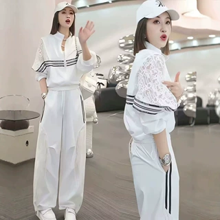 2026夏季休闲运动套装女韩版时尚显瘦拼接蕾丝短外套直筒裤两件套