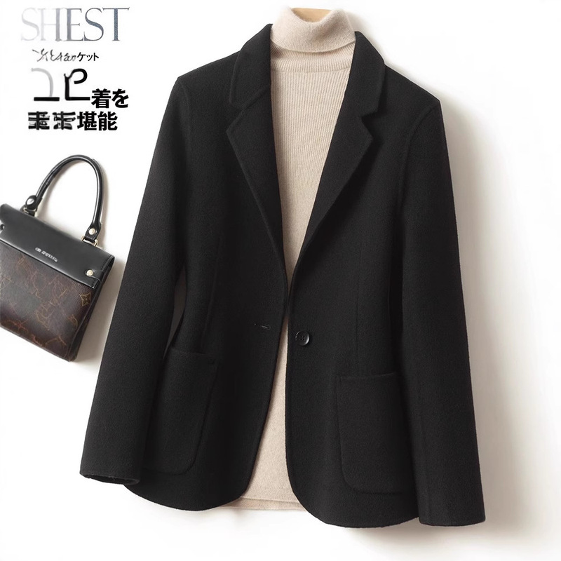 Double-Sided Wool Coat Women's Short Small Suit Black Fashionable Wool Double-Sided Tall Tooling Small Woolen Coat