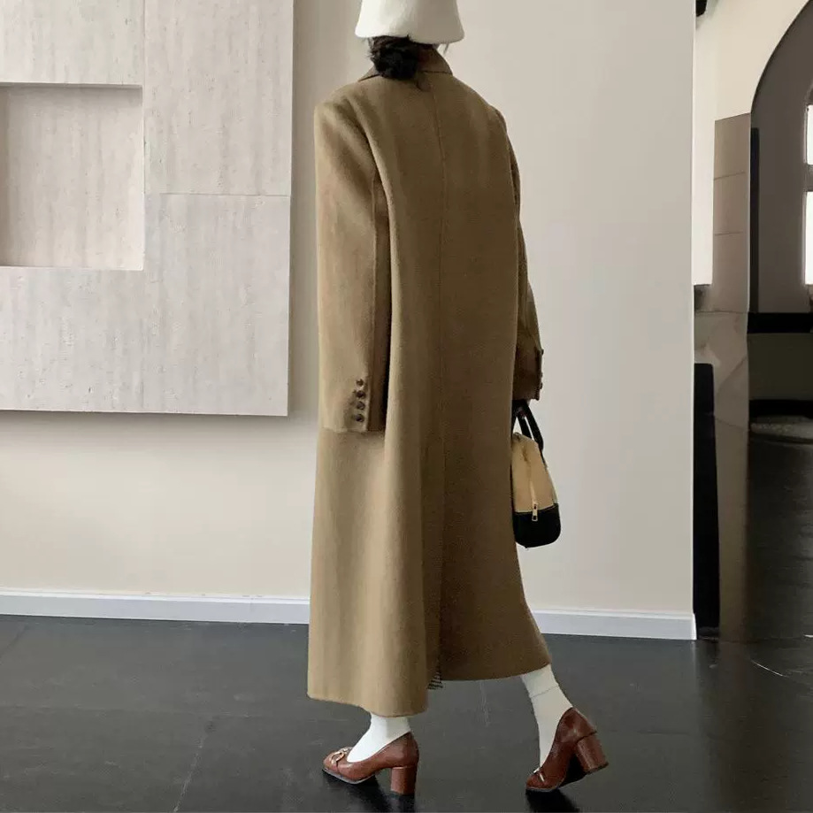 Womens Suit Collar Long Double Breasted Jacket Wool Coat Casual