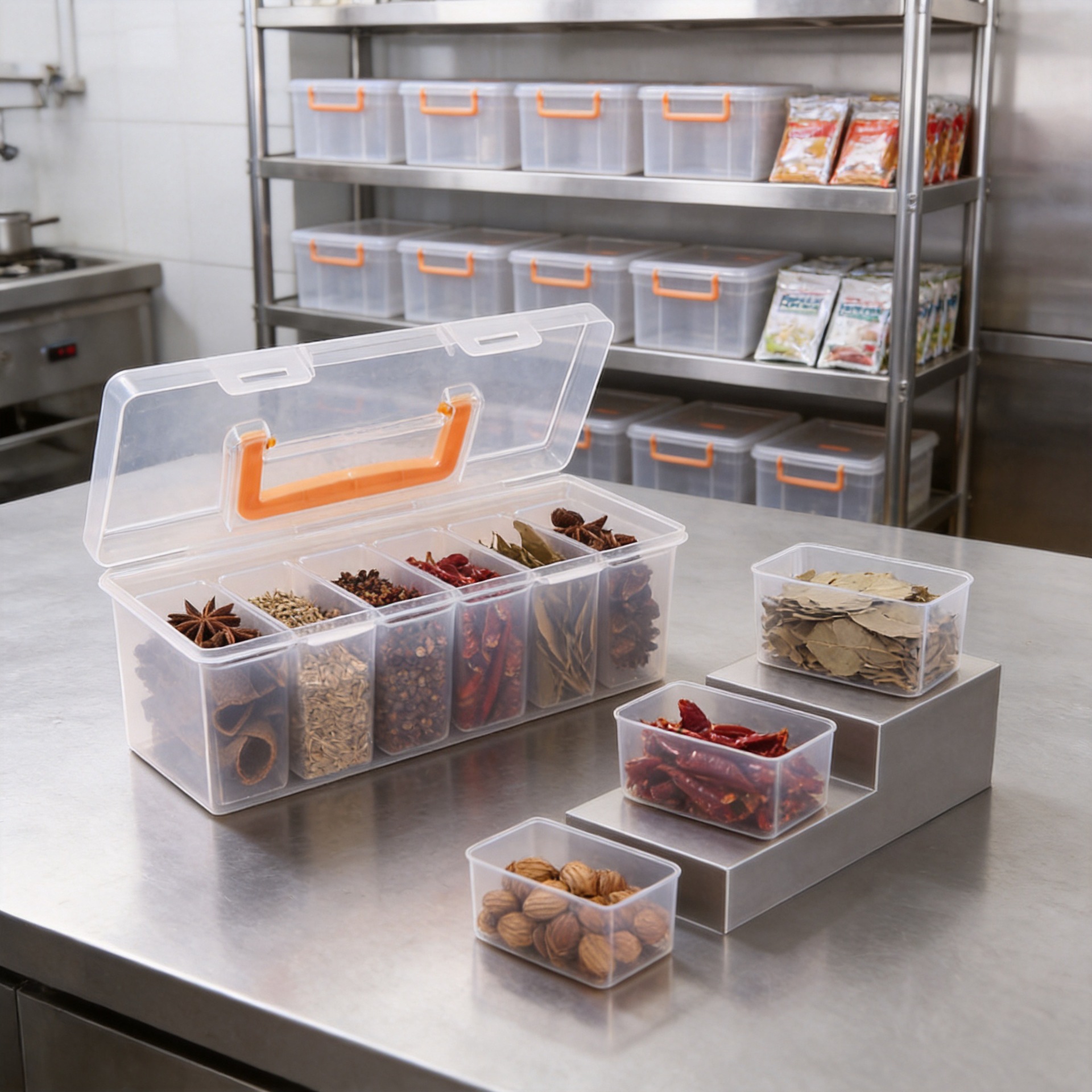 Caja de almacenamiento de especias dividida transparente, caja de almacenamiento de sellado de cocina doméstica con cierre de tapa, caja de condimentos de boca ancha grande