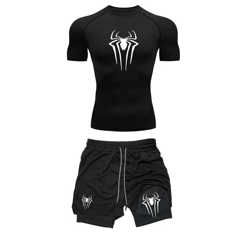男子のトレーニング圧縮集Y2Kスパイダープリントジムtシャツ通気ランニングパンツ速乾運動皮|undefined