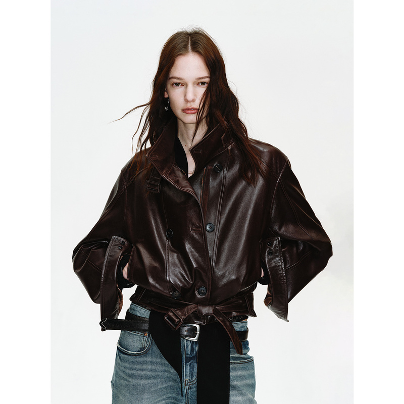 Women's genuine leather oil-waxed sheepskin short jacket, double-breasted biker jacket | Heartbeat Radio