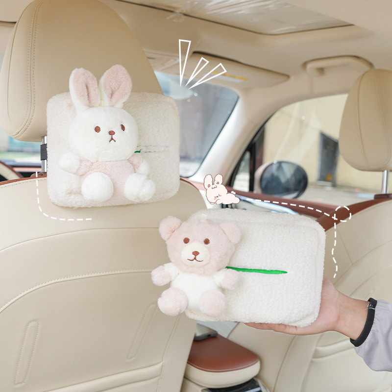 Cartoon Car Tissue Box,Lambswool Bear And Rabbit,Car-mounted Hanging Paper Box,Multi-functional Car Tissue Box