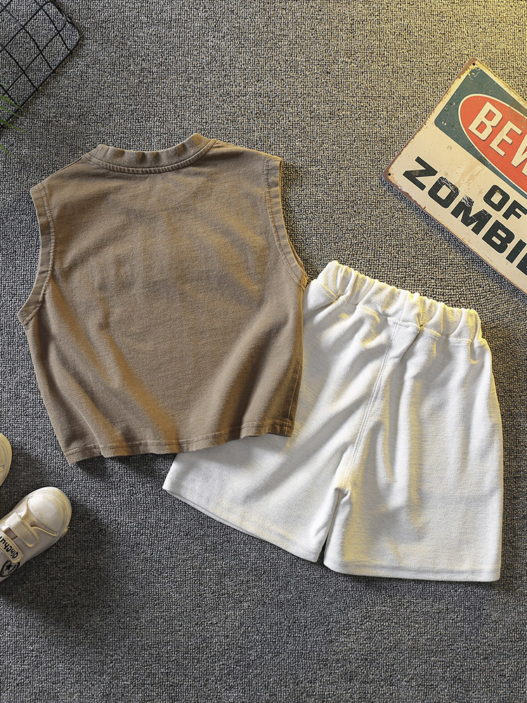 5716 traje de verano para niños 2024 verano nuevo chaleco de moda para niños bebé estilo occidental frita traje de dos piezas de la calle