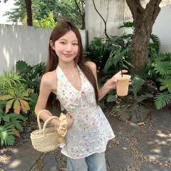 PPHOME 甘いデザインのホルターネックベストサスペンダーレディース夏の海辺の着用花柄刺繍シャツトップ
