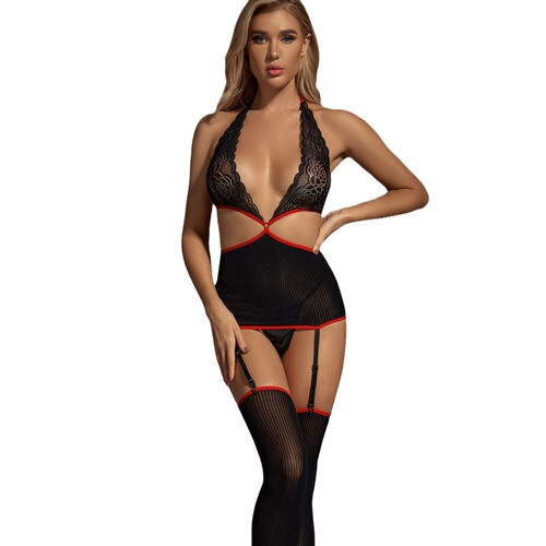  foreign trade new style hollow sexy underwear, see-through temptation lace three-piece set, open-fit, no-take-off sexy nightgown