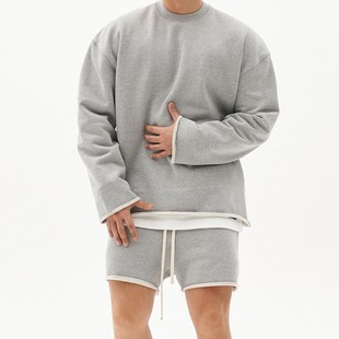 2024 Summer suit Men's Fashion Comfortable Solid Color Roll Edge Loose Round Neck Sports Casual Two-Piece Set for Men
