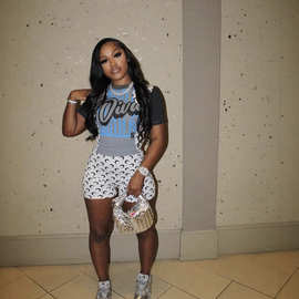 欧美热销拼色短袖女印花短裤套装厂家直销批发分体两件套