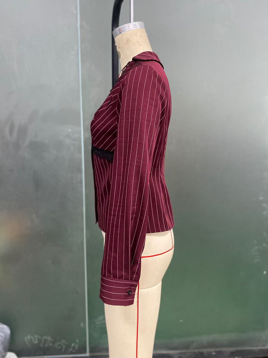 Women's Slim Fit Striped Long Sleeve Shirt Sexy Lace Top Casual Elegant Fashion Blouse For Autumn/Winter American Style_ecoleips.com