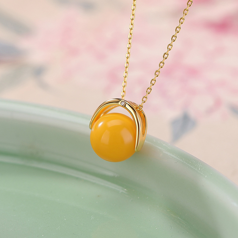 Mặt dây chuyền bạc S925 mạ vàng hồng đính mã não mật ong sáp — Tiền thủy hồng (không bao gồm dây xích)