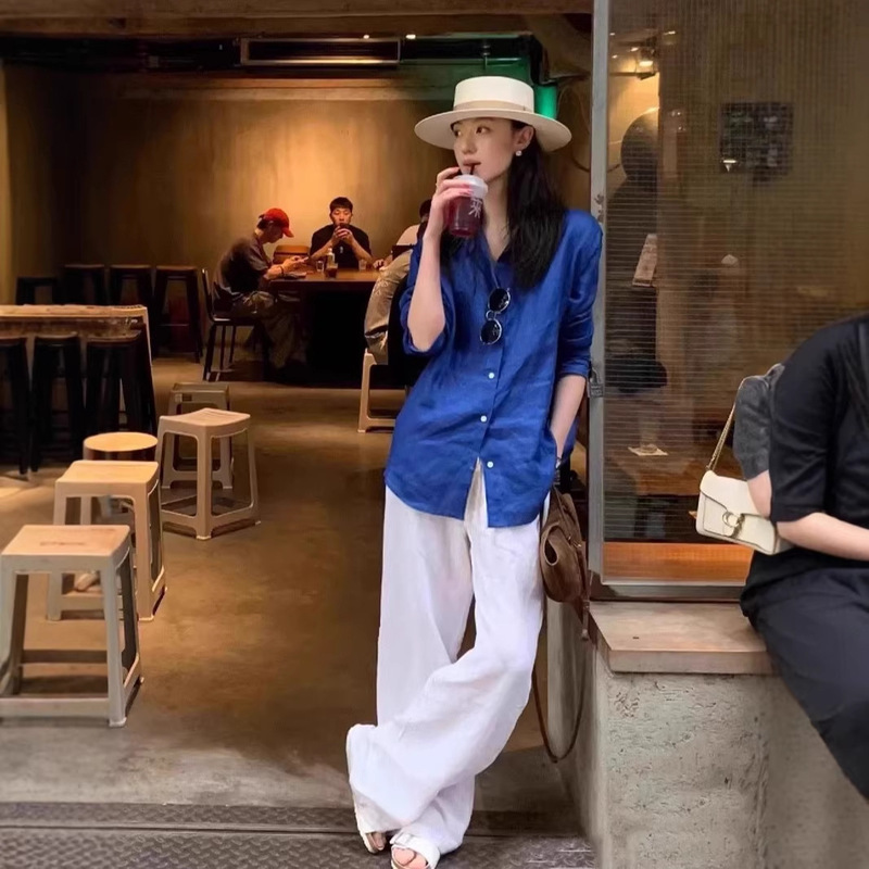 Old Money Style Linen Shirt for Women, New Summer Model, Sun-Protective White Cotton-Linen Shirt, High-End Wide-Leg Pants Set