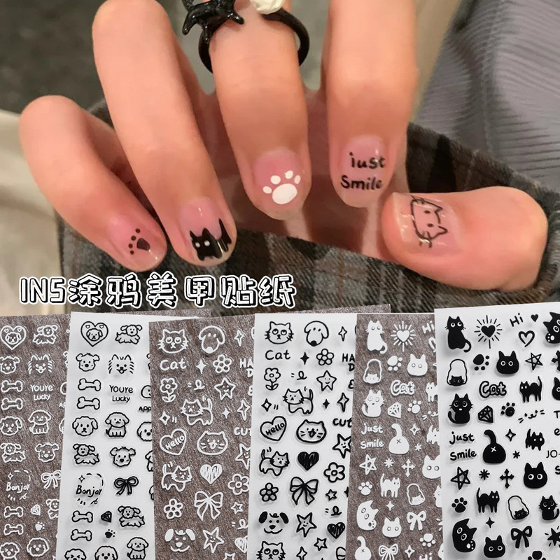 Internet Popular Funny Nail Decal Ins Style Simple Black and White Dogs and Cats DIY Graffiti Cartoon Nail Art with Adhesive Decal