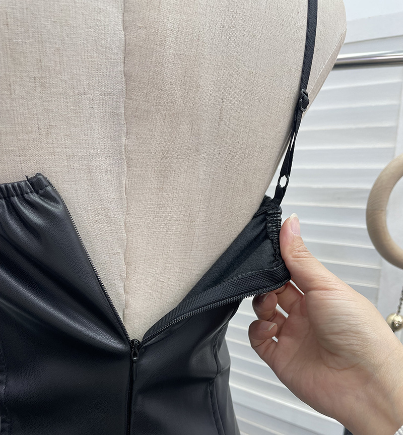 Real Shot Sexy Sling Sheath A line Faux Leather Waist Slimming Short Chest Pad Dress