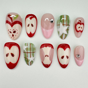 Wearable Nails Removable 30 Pieces Almond Red Pink Apple Pattern Manicure Nails Rhinestone Fake Nails Manicure Patches