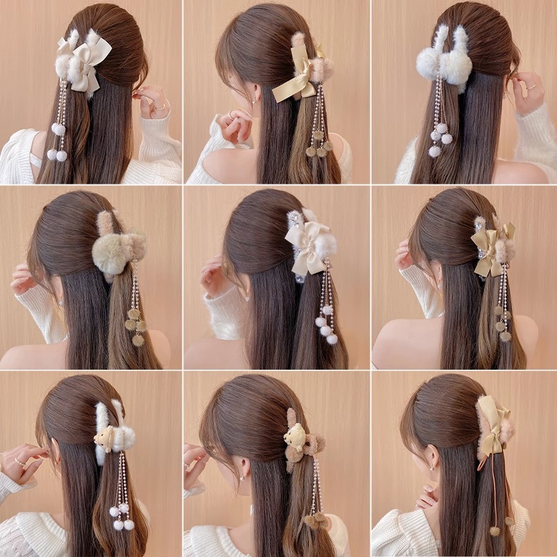 Corea del Sur felpa pelo clip Bola de Pelo borla colgante arco horquilla espalda Cabeza updo pelo agarre gran tiburón clip