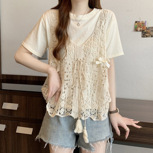 Summer New Korean Style Fat Girl Two-Piece Top Short-Sleeved Women's Clothing Slimming and Flesh-Covering Women's Clothing Bohemian