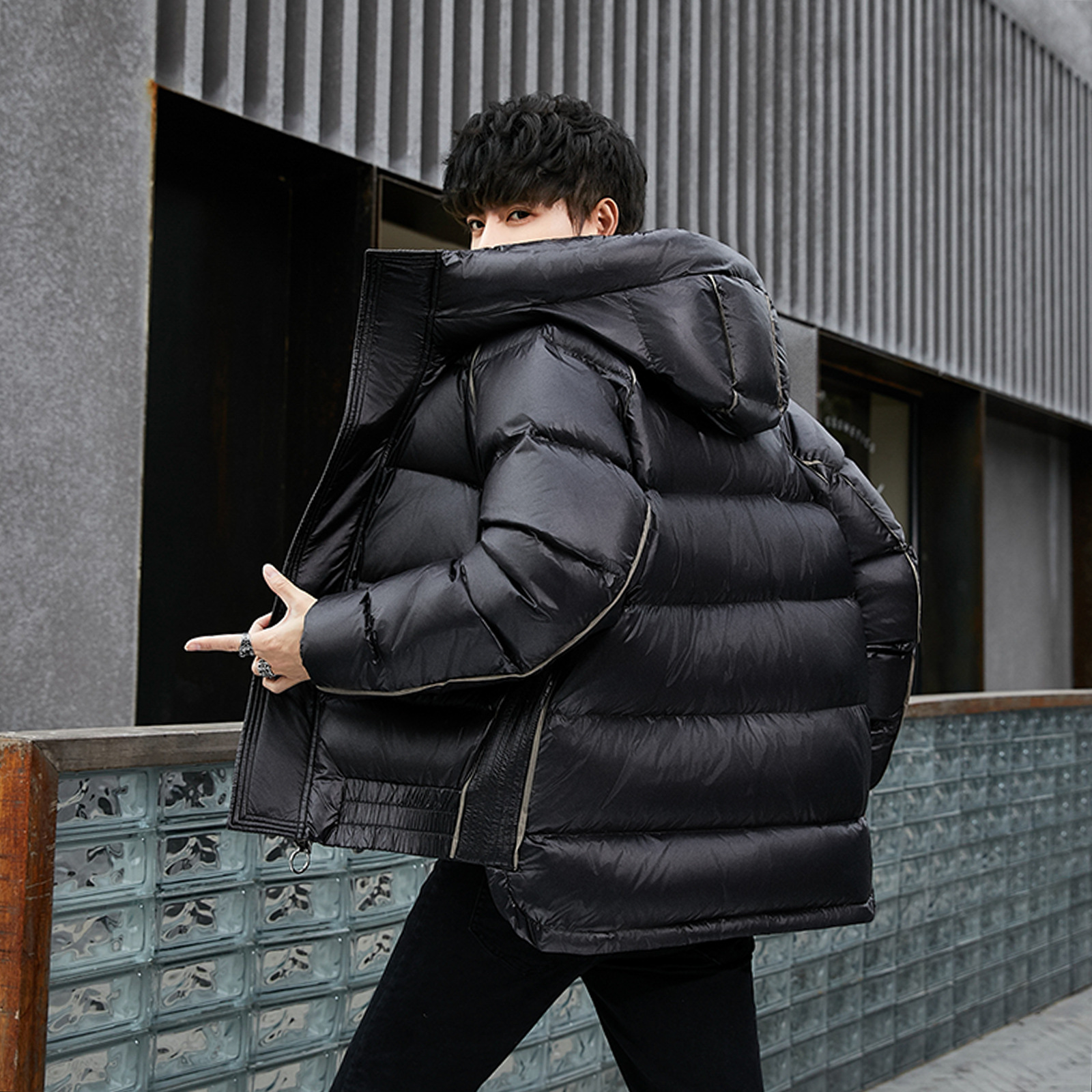 Winter solid color black down jacket with hood with zipper
