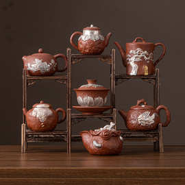 红泥紫砂鎏银茶杯陶瓷品茗杯功夫茶具复古茶壶泡茶器壶承茶具套装