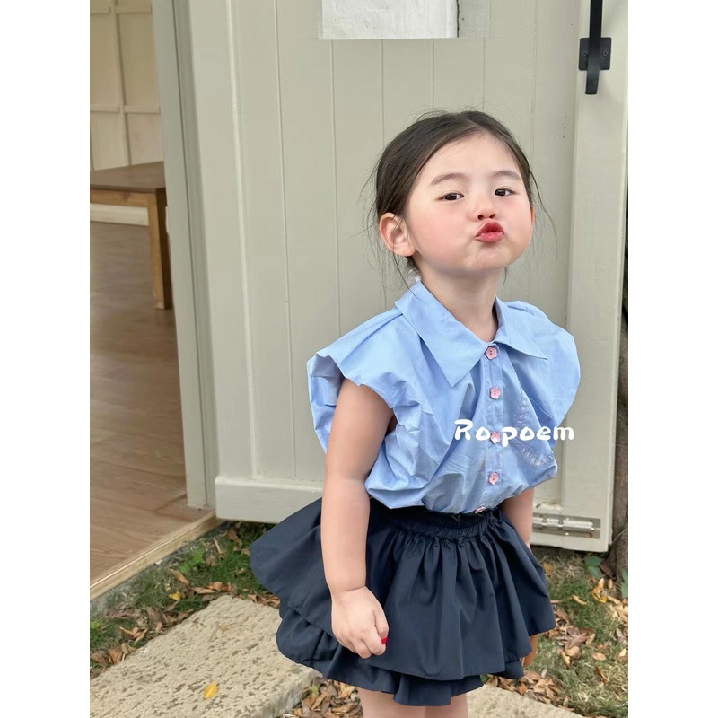 Girls' Outfit Set with Single-Breasted Floral Puff Sleeve Top and Skirt Pants, New Summer Style for 26, Foreign Trade Children's Clothing, Wholesale for Ages 3-8