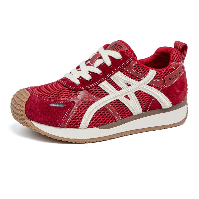 Giày sneaker nữ da thật đế chunky tăng chiều cao phong cách cổ điển — M2912 phẳng màu đỏ, M2912 đáy phẳng màu be, M2912-1 nâng cao bên trong màu be, M2912-1 nâng cao bên trong màu đỏ