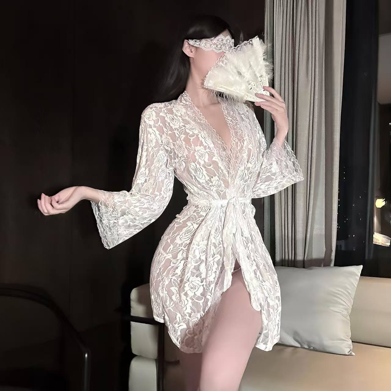 White Lace See-Through Babydoll Nightgown with Waist Belt and Thong, Sheer Polyester Sleepwear, One Size — detail image 1
