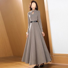 2025 Fashion Spring and Autumn New Style Plush Thickened Round Neck Solid Color Dress Female Temperament Waist Slim and Big Swing Long Skirt