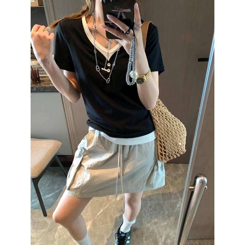 Mochie Casual Blogger Style Tencel Cotton Blend Faux Two-Piece Color-Block V-Neck Short Sleeve T-Shirt Mq1454