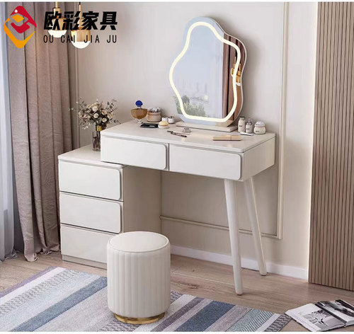 Light Luxury Solid Wood Dressing Table with Mobile Chest of Drawers, Integrated Makeup Desk, Simple & Multi-Functional Storage Cabinet, Plus Built-in Lighting