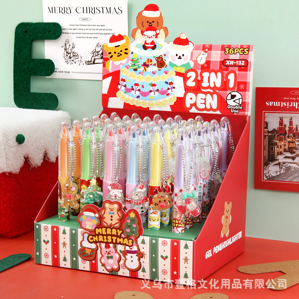 Navidad de doble cabeza bolígrafo neutro resaltador de dibujos animados Santa Claus reno vacaciones pequeños regalos de alto valor colgante bolígrafo de agua