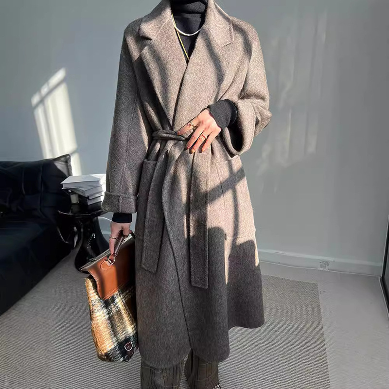 High-end Camel Velvet Coat Women's New Double-sided Wool Coat Lace-up Wool Coat Women's Autumn and Winter Double-sided Wool Coat