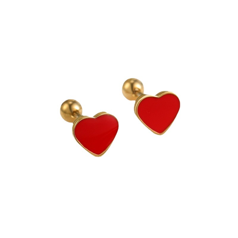 Xupe joyería de acero inoxidable epoxi rojo en forma de corazón tornillo aguja auricular libre espárragos japonés y coreano moda personalizada amor pendientes