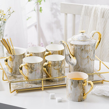 欧式创意金边水具套装客厅茶壶冷水壶骨瓷大理石花纹水杯陶瓷托盘