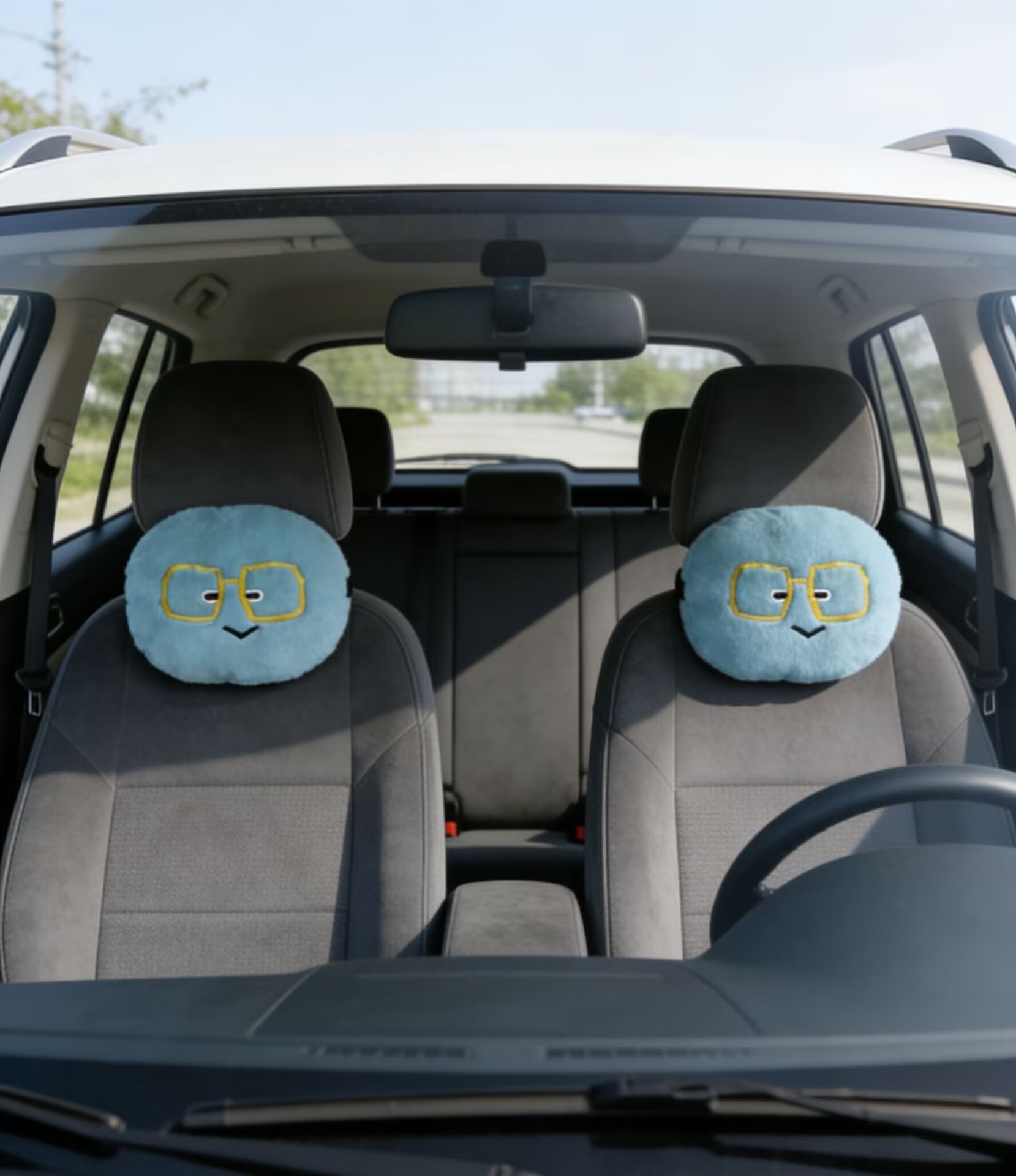 Car Headrest Neck Pillow with Smiley Face Blue Emoji Design, Car Cushion for Long Trips, Cartoon Car Headrest Pillow