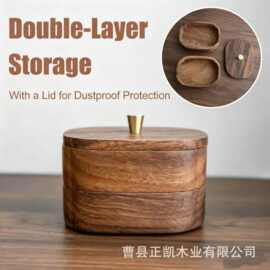 跨境木质桌面收纳盒多层牙签牙线盒浴室台面椭圆形棉棒棉球储物盒