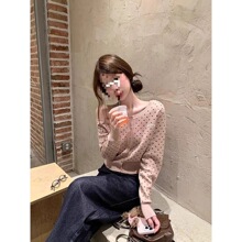 韩版减龄粉色波点针织开衫女双色早秋新款修身毛衣显瘦长袖上衣