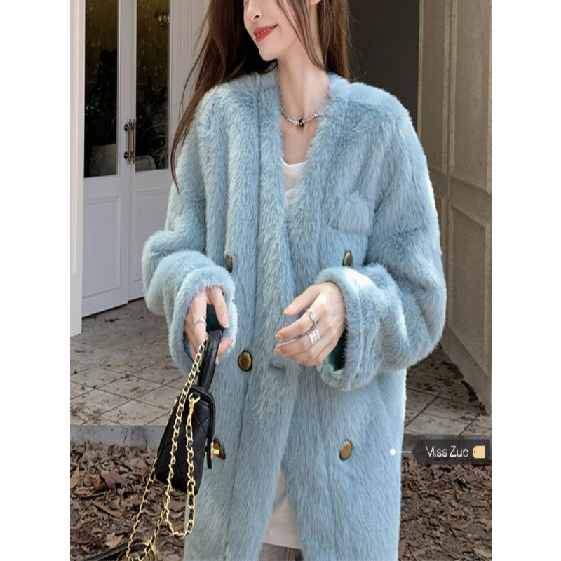 Tweed Style Blue Outwear Women's Autumn and Winter Imitation Mink Plush Gentle Korean Style High-End Design Niche Top Tweed Style Blue Outwear Women's Autumn and Winter Imitation Mink Plush Gentle Korean Style High-End Design Niche Top