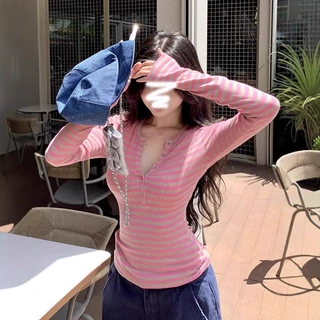 美式辣妹复古条纹长袖T恤女秋季新款修身显瘦圆领休闲百搭上衣ins