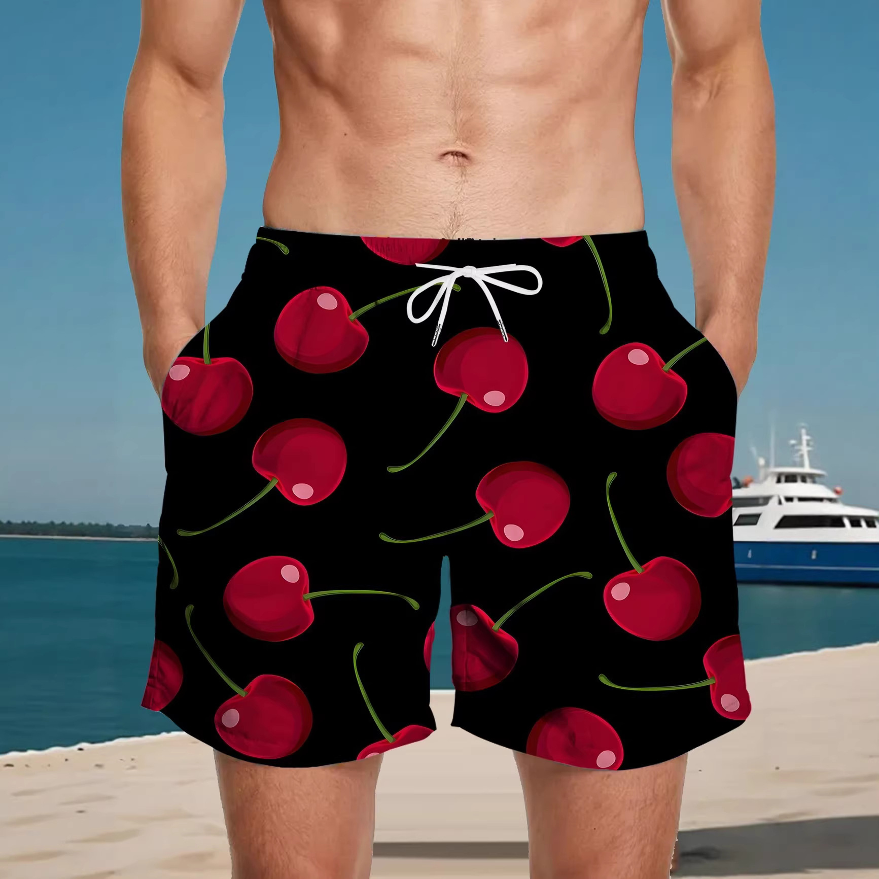 工厂批发樱桃印花沙滩裤男士休闲运动短裤可来图定印花跨境欧美