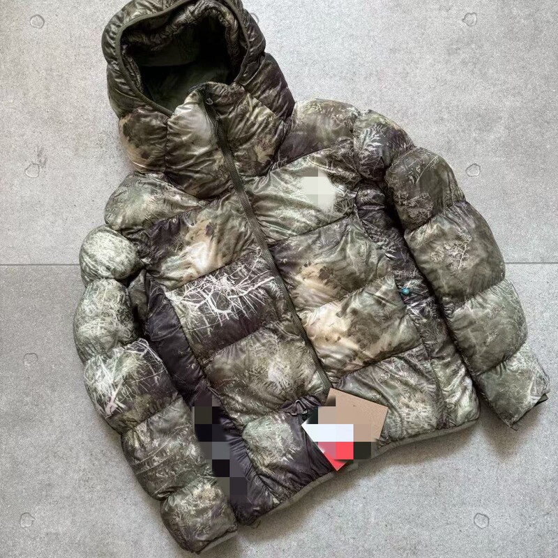 Men's Winter Tree Shadow Camouflage Hooded down Jacket, Loose Thickened Warm Coat, Trendy Outdoor Functional Style