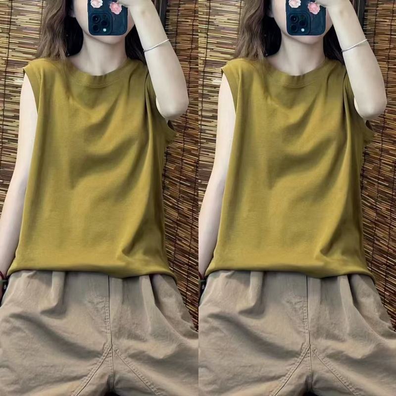 綿ルーズベストレディースアウター春夏ファットMM大きいサイズ痩身ラウンドネックノースリーブTシャツインナーレイヤリングトップ|undefined