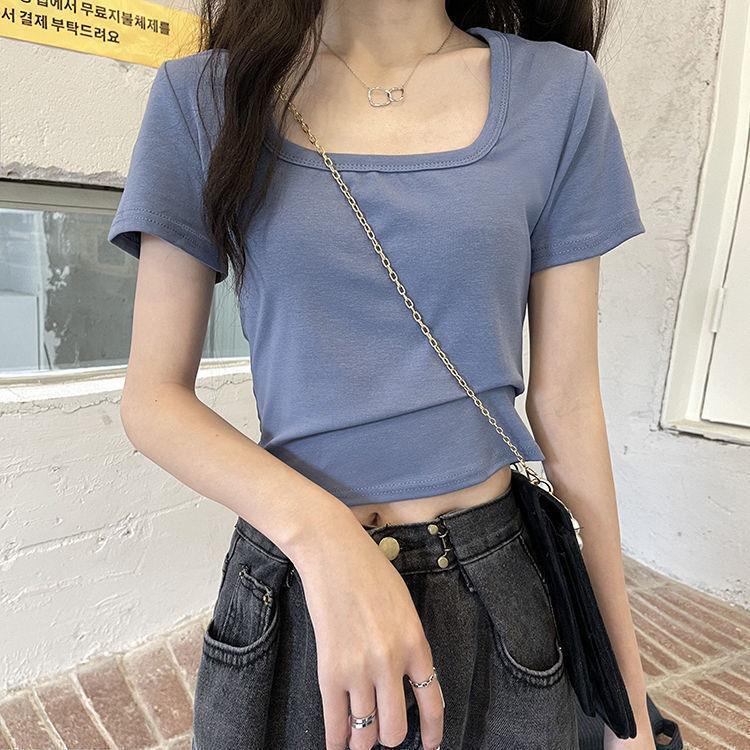 Summer Short T-Shirt for Women, Solid Color, 2026 New Style, High-Waisted, Slim-Fit, Flattering, Versatile, Short-Sleeve, Square-Neck Top, Trendy