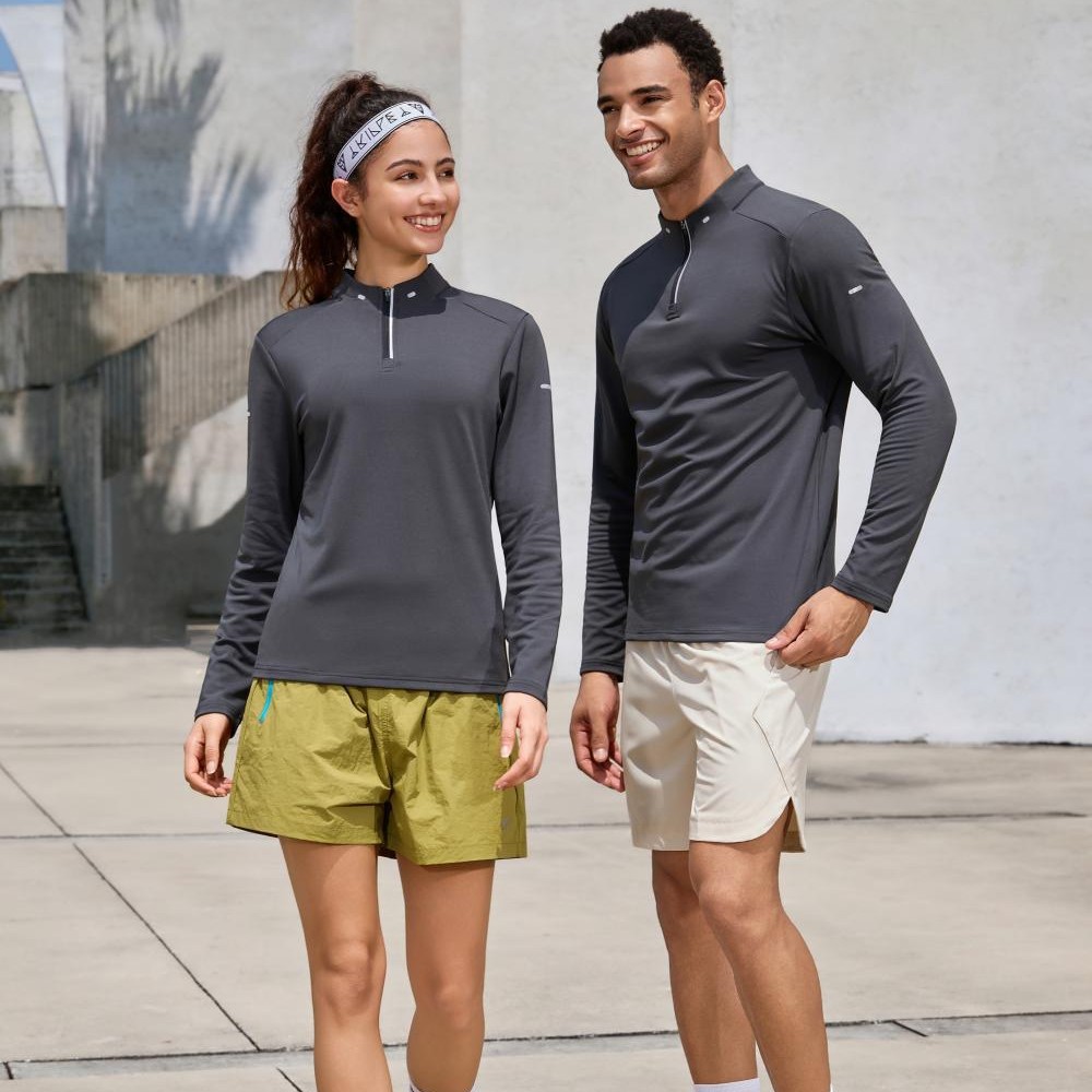 Otoño nueva camiseta deportiva de manga larga para hombres y mujeres Amazon medio cremallera correr acondicionamiento físico ropa de entrenamiento europea y americana medio pecho abierto