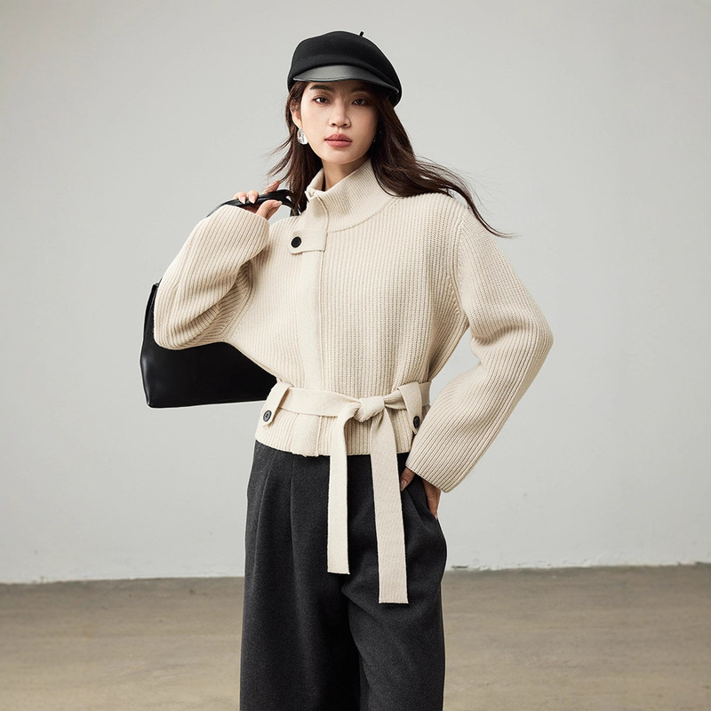 Designer-Style Pure Wool Sweater with Lace-Up Knit Cardigan, New 26 Styles for Women, Slim-Fit Sweater for Petite Women, Early Spring Coat