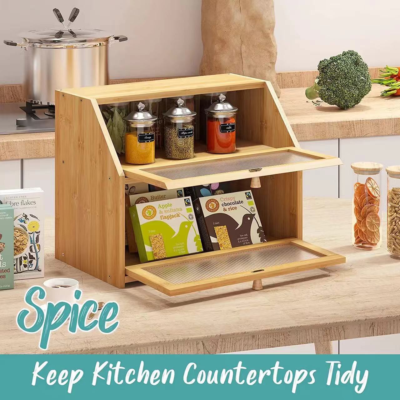 Caja de almacenamiento de madera de doble capa Cocina doméstica Caja de almacenamiento de alimentos de gran capacidad Caja de almacenamiento de bocadillos multifuncional