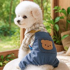 在庫あり！人気のペット服、子犬・猫用、工場直送、春秋用、クマちゃん柄のつなぎ服、四足服