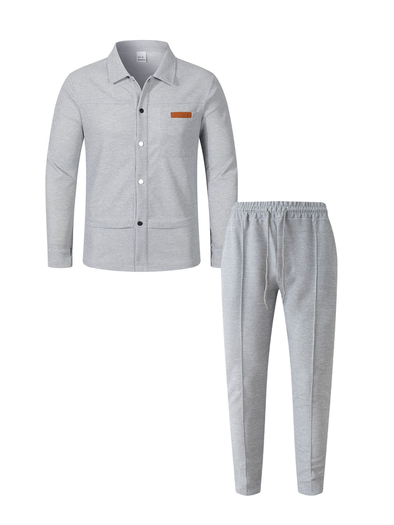 Men's Waffle Texture Lapel Button Casual Set Long Sleeve Top Pants_voghion.com